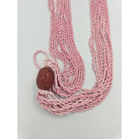 Vintage Multi-Strand Pink & White Seed Bead Necklace with Carved Cinnabar Focal - Picture 8 of 9